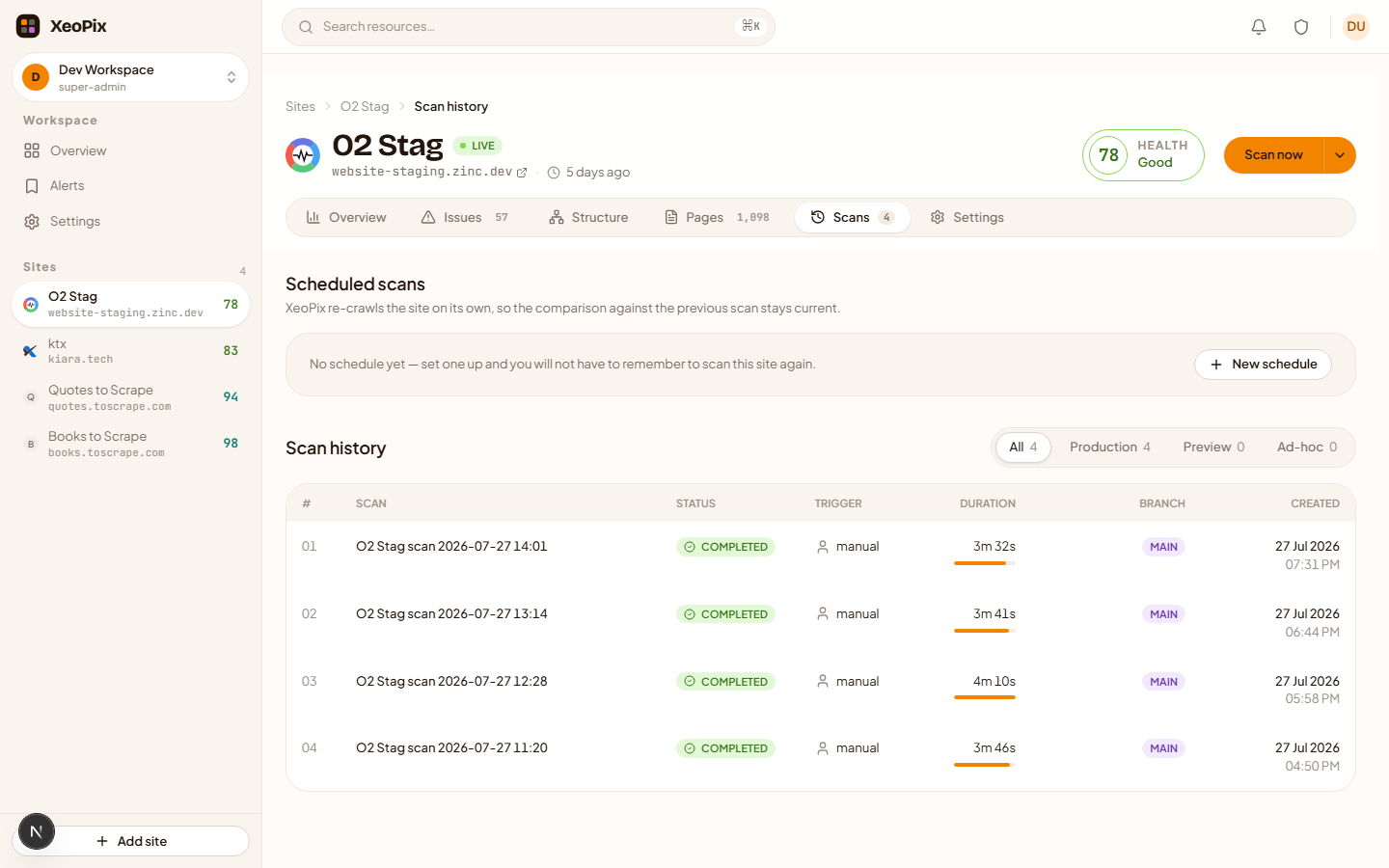 The scans tab showing a scheduled scan with its cadence in plain words, next and last run, beside the scan history.